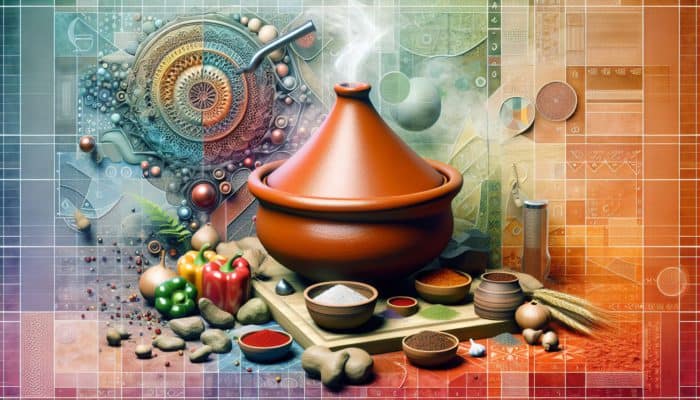 Best Ways to Cook with a Tagine Pot: A steaming clay tagine in a Moroccan kitchen, surrounded by spices, showcasing its porous texture and heat distribution.