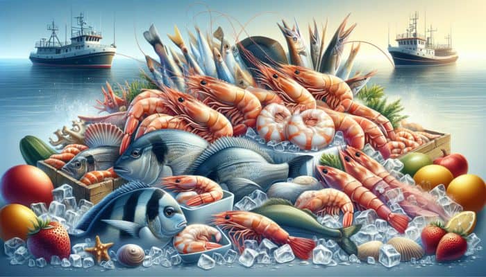 How to Master the Art of Tempura Frying: Fresh shrimp and fish like cod, snapper, calamari on ice, showcasing their firm texture and ocean-fresh scent.