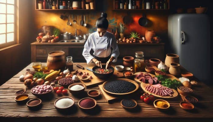 A chef preparing feijoada ingredients on a rustic Brazilian table, showcasing cultural warmth.