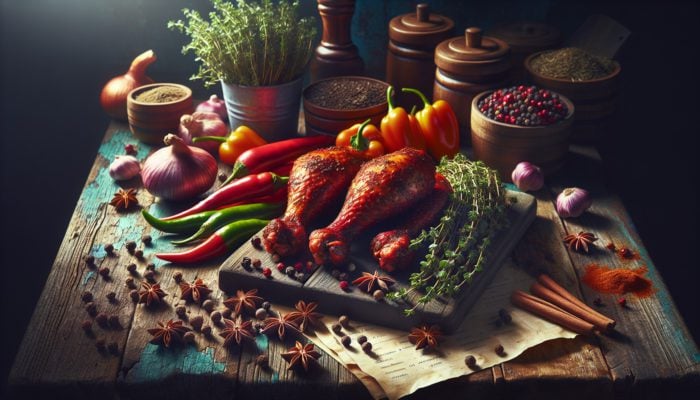 Top Jamaican Jerk Chicken Recipes: Jamaican jerk chicken ingredients: allspice, thyme, and scotch bonnet peppers on a rustic wooden table.