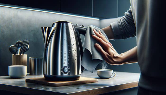 How to Maintain Your Electric Kettle: Sleek electric kettle on countertop, being wiped with damp cloth to remove dust and fingerprints.