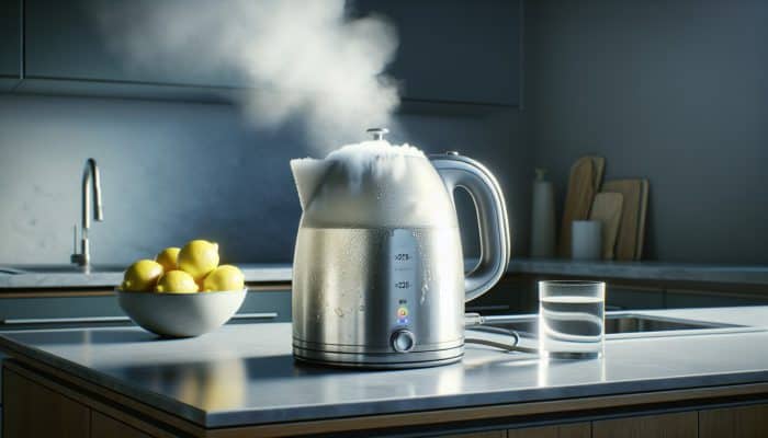 Electric kettle being descaled with vinegar and water, steam rising, lemons in background.