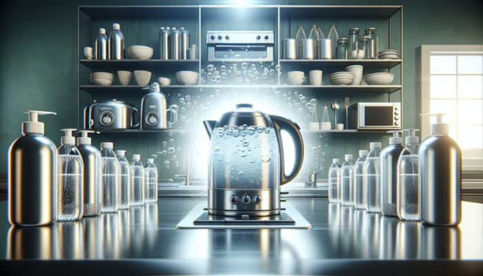 Modern kitchen scene with kettle and descaler bottles, showcasing efficient appliance maintenance.