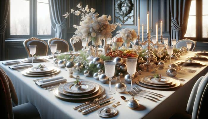 Best Ideas for Holiday Food Presentation: Elegant holiday table set with exquisite china and chic cutlery, enhancing a gourmet meal's visual appeal.
