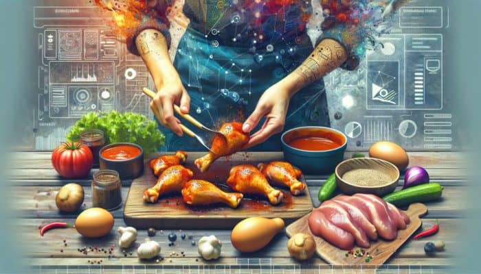 A chef selecting and marinating chicken thighs, drumsticks, and organic breasts for a sustainable Korean feast.