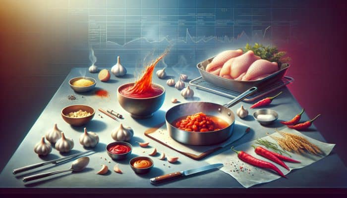 Ingredients for spicy Korean fried chicken on counter, sizzling pan.