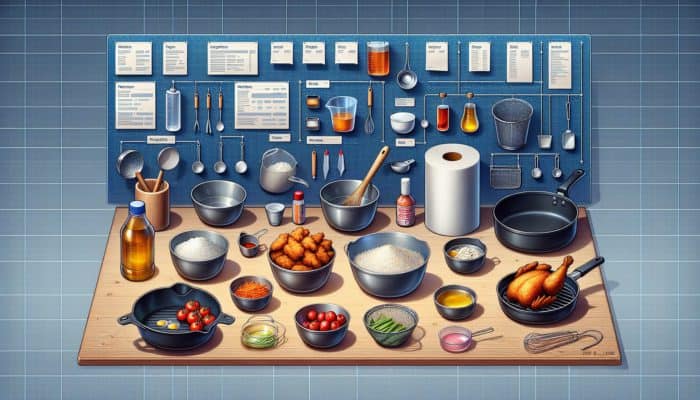 A well-organized kitchen counter with tools and ingredients for spicy Korean fried chicken.