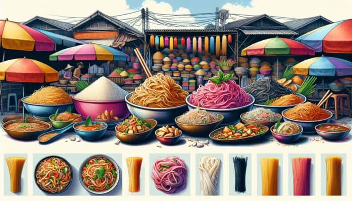 Best Thai Noodle Recipes for Beginners: Assortment of colorful Thai noodles and traditional dishes at a market stall.