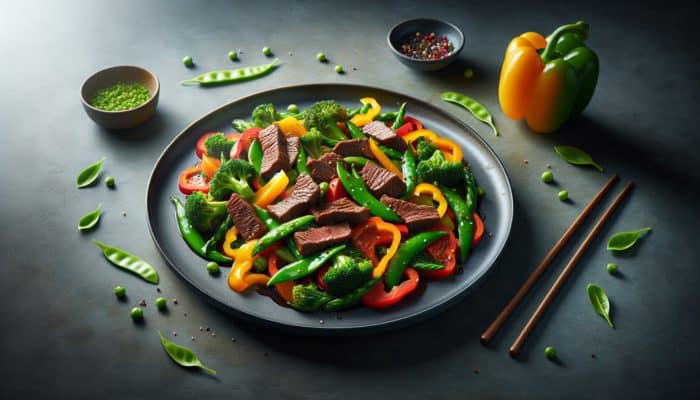 Best Keto Dinner Recipes for Weight Loss: Vibrant keto beef stir fry with succulent beef and crisp vegetables on a minimalist plate.