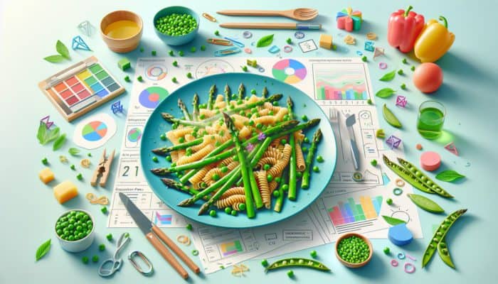 How to Cook a Fresh Spring Pasta Dish: A vibrant spring pasta dish with sautéed asparagus and steamed garden peas on a colorful table.