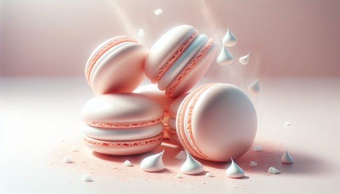 Secrets to a Flawless French Macaron: Perfect macarons with smooth, glossy shells on a pastel background.