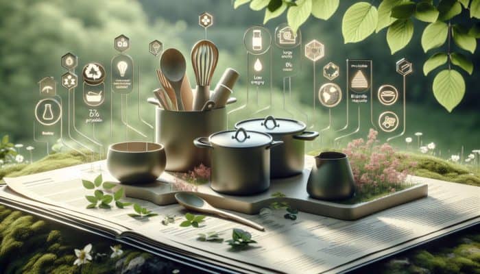 How to Choose Eco-Friendly Cookware: Eco-friendly cookware from sustainable, renewable materials, minimal energy use, low impact, biodegradable or recyclable, nature backdrop.