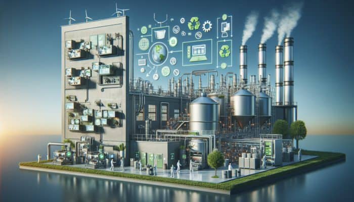 Modern factory using sustainable processes and green energy for eco-friendly cookware production.