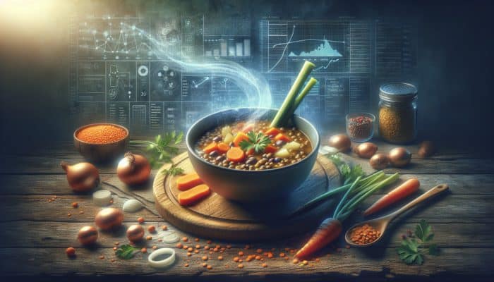 Best Vegetarian Recipes for Iron Intake: Steaming bowl of hearty lentil soup with carrots, onions, and celery on a rustic wooden table.