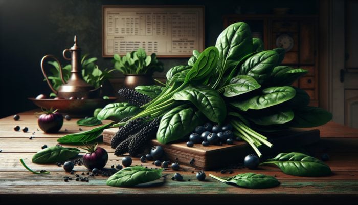 Fresh spinach and dark leafy greens in a rustic kitchen, highlighting iron content for vegetarian diets.