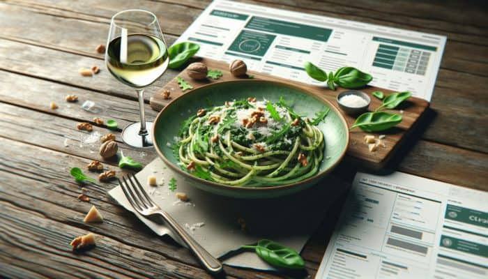Al dente pasta with vibrant green arugula and spinach pesto, topped with Parmesan and nuts.