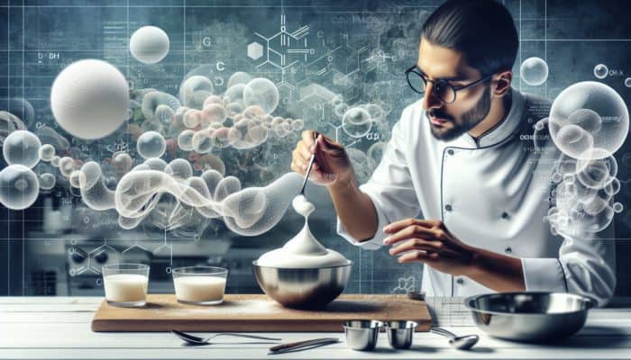 How to Make Edible Foams for Desserts: A chef in a fine dining kitchen creates fluffy, voluminous edible foam for a dessert.