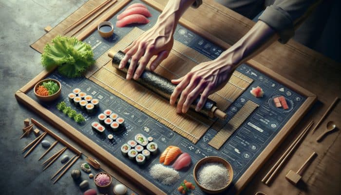 How to Roll Sushi Like a Pro: Hands rolling sushi on a high-quality bamboo mat, with ingredients nearby.