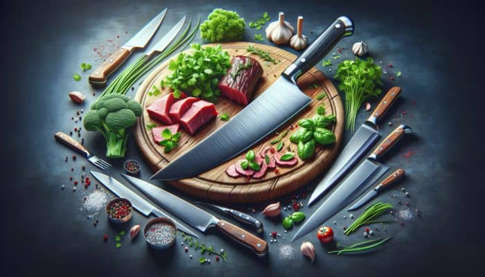 How to Sharpen Your Chopping Skills: A chef's knife slicing herbs and meat on a wooden board, surrounded by various kitchen knives.