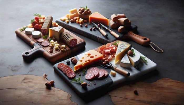 How to Make a Charcuterie Board Pop: A rustic wooden, sleek slate, and elegant marble charcuterie boards with vibrant cheeses and meats.