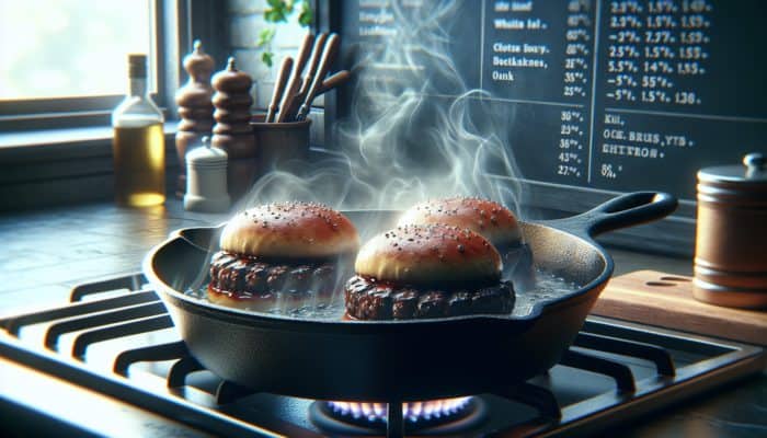 How to Grill Burgers Without a Grill: 12-inch cast iron skillet searing burgers on stovetop, surrounded by steam in warm kitchen.