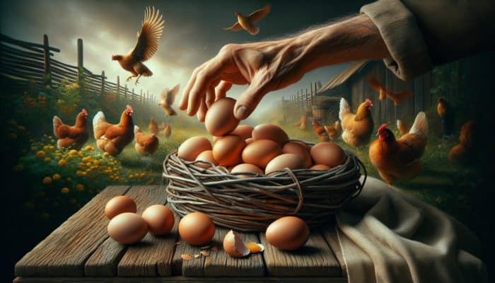 A hand picking fresh, uncracked eggs with bright yolks from a basket on an organic farm.