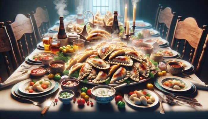 How to Make a Savoury Polish Pierogi: Steaming Polish pierogi with various fillings, surrounded by sauces and toppings, at a joyful family gathering.