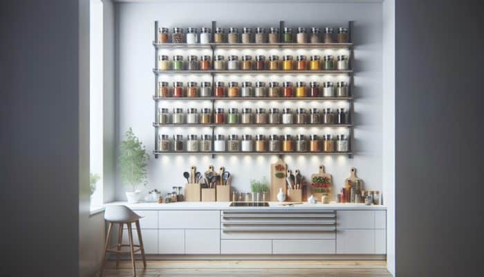 Sleek, organized wall-mounted spice racks with neatly arranged jars, enhancing kitchen organization and cooking experience.