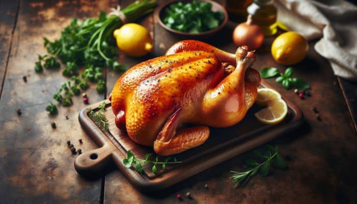 Secrets to a Golden-Brown Roast Chicken: A golden-brown roast chicken on a rustic table with herbs and lemons, showcasing its organic, free-range quality.