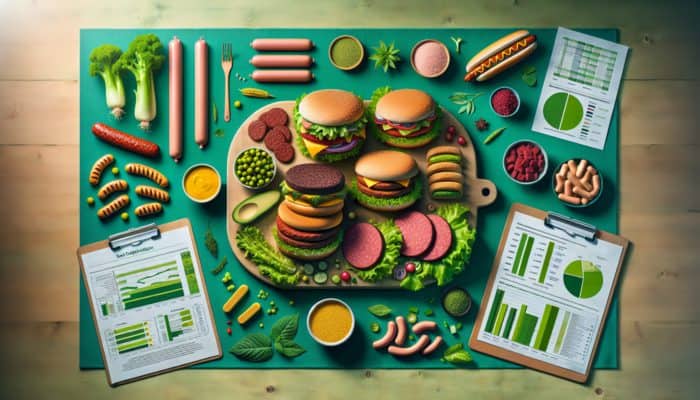 Best Plant-Based Meat Substitute Recipes: Plant-based meat substitutes like burgers and sausages on a green-themed table.