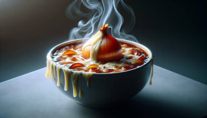 How to Make a Classic French Onion Soup: A steaming bowl of French onion soup with caramelized onions, beef broth, and melted Gruyère cheese.