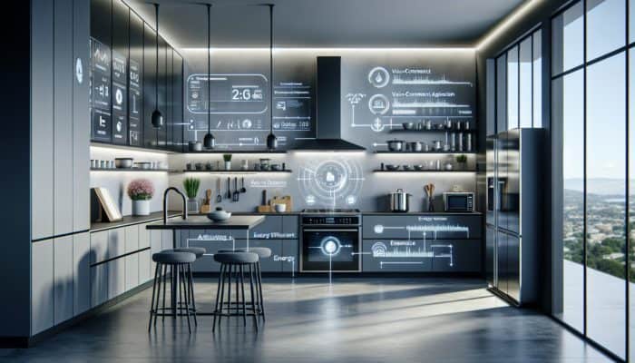Must-Have Kitchen Gadgets for 2025: Modern smart kitchen with sleek appliances, home automation integration, real-time cooking monitoring on smartphone, voice command, energy efficiency display.