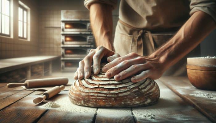 Top Techniques for Advanced Bread Scoring: A baker's hands scoring patterns on a rustic sourdough loaf for controlled expansion and a golden crust.