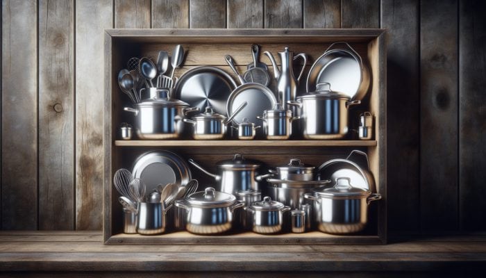 Top Pots and Pans for Small Kitchens: A kitchen shelf with stainless steel and cast iron pots and pans, showcasing durability and sleek design against rustic wood.