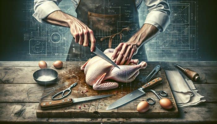 How to Butterfly a Chicken for Even Cooking: A chef spatchcocking a chicken on a wooden board with tools like a knife and shears.
