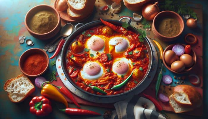 Top Israeli Shakshuka Recipes for Brunch: Israeli Shakshuka with eggs in spicy tomato sauce, served with bread on a communal table.
