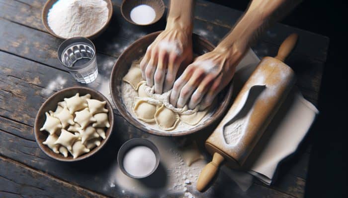How to Cook a Classic Ukrainian Varenyky: Hands kneading varenyky dough with flour, water, and salt on a wooden table.