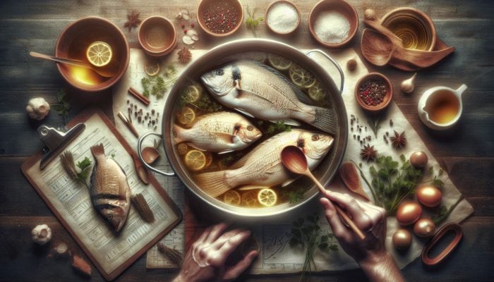 Tender sole, tilapia, and flounder poaching in flavorful broth with aromatic herbs.