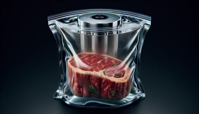 How to Use a Sous Vide Machine at Home: A vacuum-sealed bag with a steak in a controlled water bath, demonstrating sous vide cooking.
