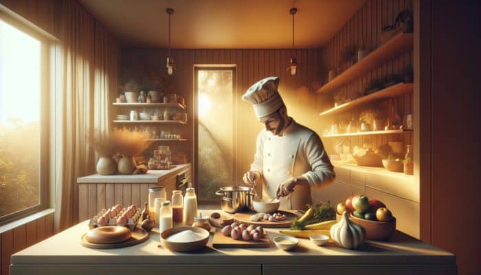 How to Make a Meal for New Parents: A professional chef in a serene kitchen preparing a nutritious meal with baby-friendly ingredients.
