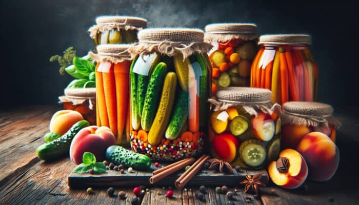Jars of pickled cucumbers, carrots, and peaches with vinegar, spices, and sugar, displaying vibrant colors and textures.