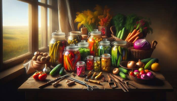 Jars of pickled vegetables, fresh produce, and pickling tools on a wooden table in a rustic kitchen.