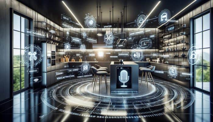 A modern kitchen with voice-activated gadgets like Amazon Echo and smart oven, enhancing cooking efficiency.