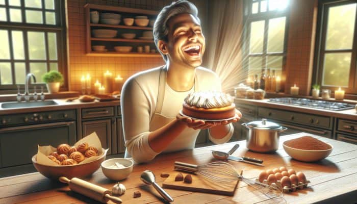 Best Beginner Desserts With Few Ingredients: A novice baker joyfully creates an easy dessert in a simple kitchen, surrounded by minimal ingredients and tools.