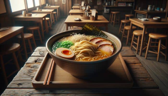 A steaming bowl of ramen with rich broth, noodles, pork, menma, and egg on a wooden table in a Tokyo shop.