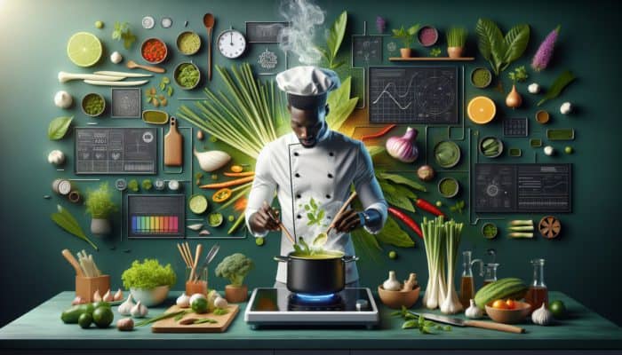 Chef preparing Thai green curry with fresh ingredients in a vibrant kitchen.