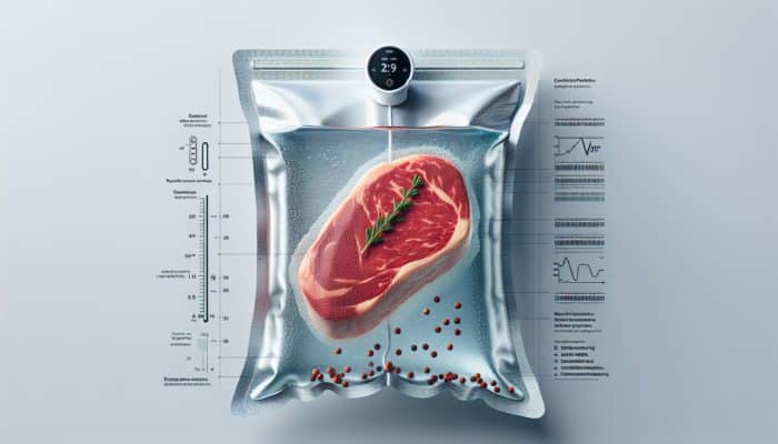 Top Sous Vide Trends for Modern Kitchens: A vacuum-sealed steak in a water bath, demonstrating sous vide cooking with precise temperature control.