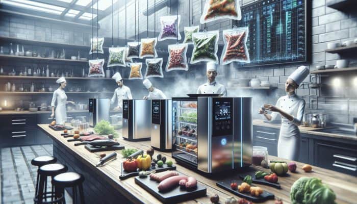 Modern kitchen with sous vide machines, chefs, and colorful vacuum-sealed food bags.