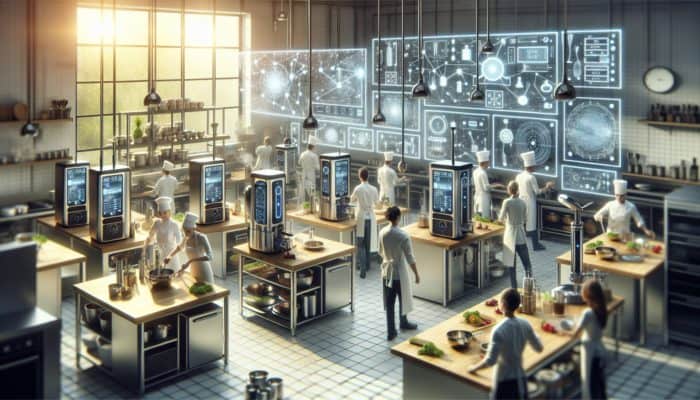 Modern kitchen with smart sous vide machines used by chefs and home cooks for precision cooking.