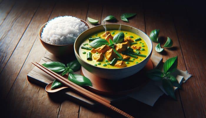 How to Cook Authentic Thai Green Curry: A steaming bowl of Thai green curry with chicken, bamboo shoots, and basil, served with jasmine rice.